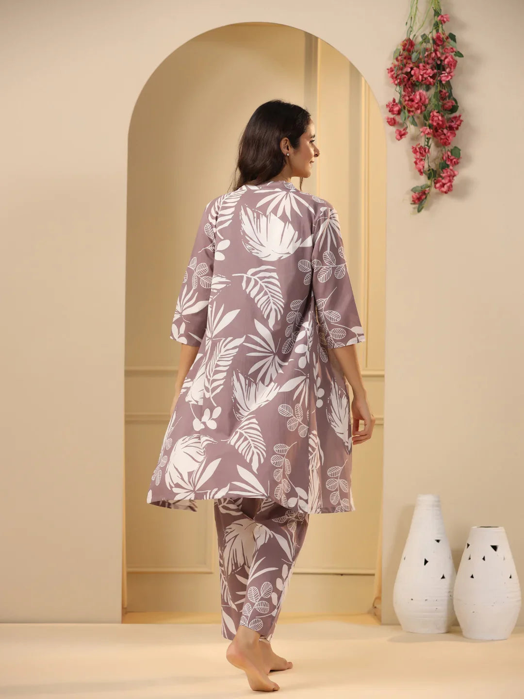 Lilac Cotton Printed 3 PEICE Night Suit Set with Pyjama - SanskrutiHomes 