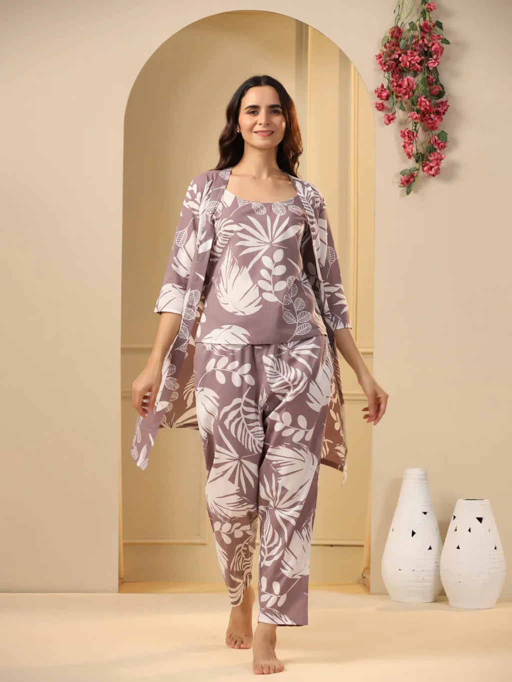 Lilac Cotton Printed 3 PEICE Night Suit Set with Pyjama - SanskrutiHomes 