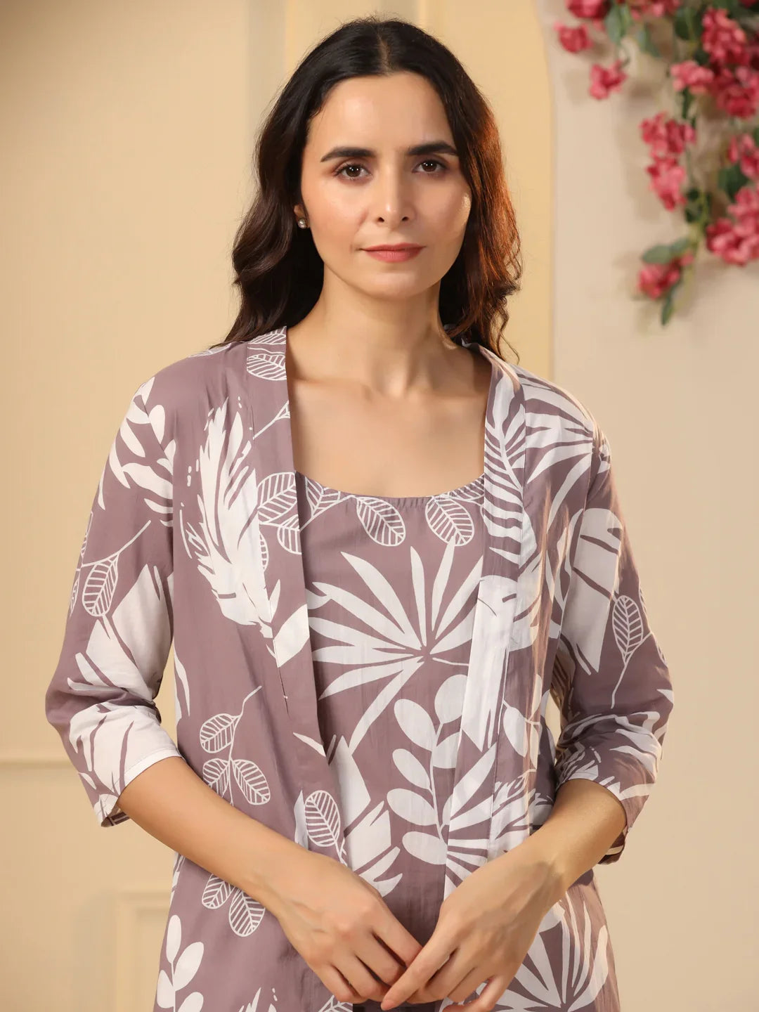 Lilac Cotton Printed 3 PEICE Night Suit Set with Pyjama - SanskrutiHomes 