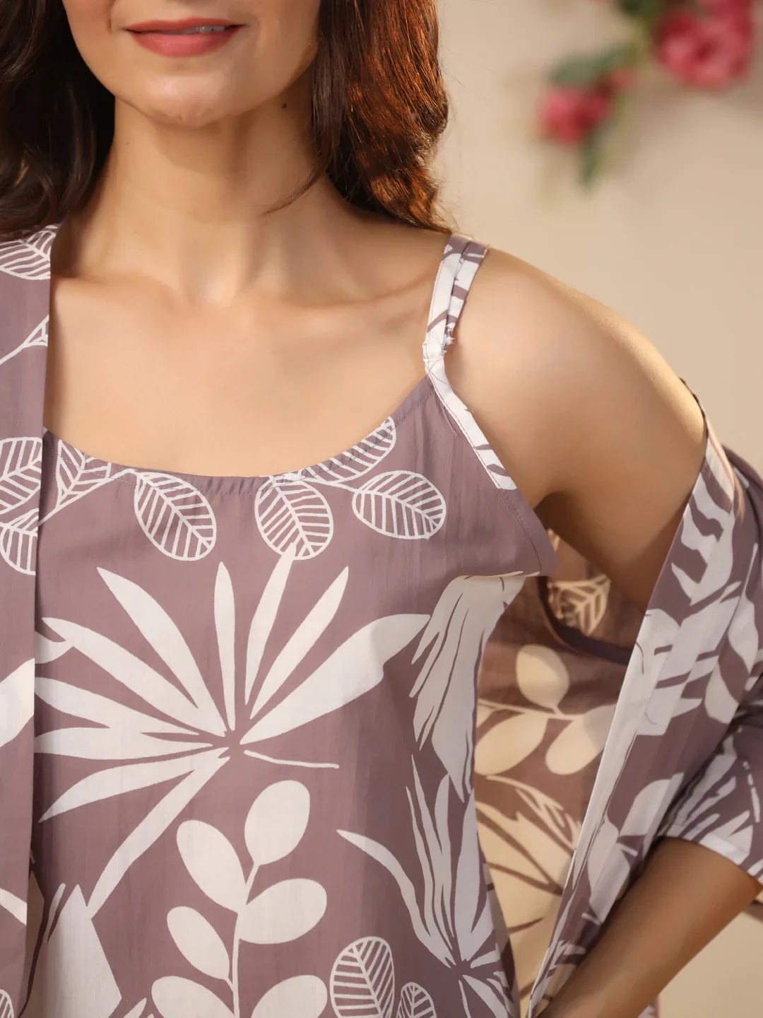 Lilac Cotton Printed 3 PEICE Night Suit Set with Pyjama - SanskrutiHomes 