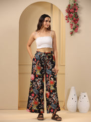 Black & Pink Floral Printed Pure Cotton Lounge Pants - SanskrutiHomes 