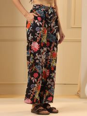 Black & Pink Floral Printed Pure Cotton Lounge Pants - SanskrutiHomes 