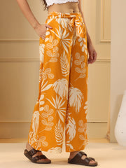 Mustard Yellow & White Floral Printed Flared Cotton Palazzos - SanskrutiHomes 
