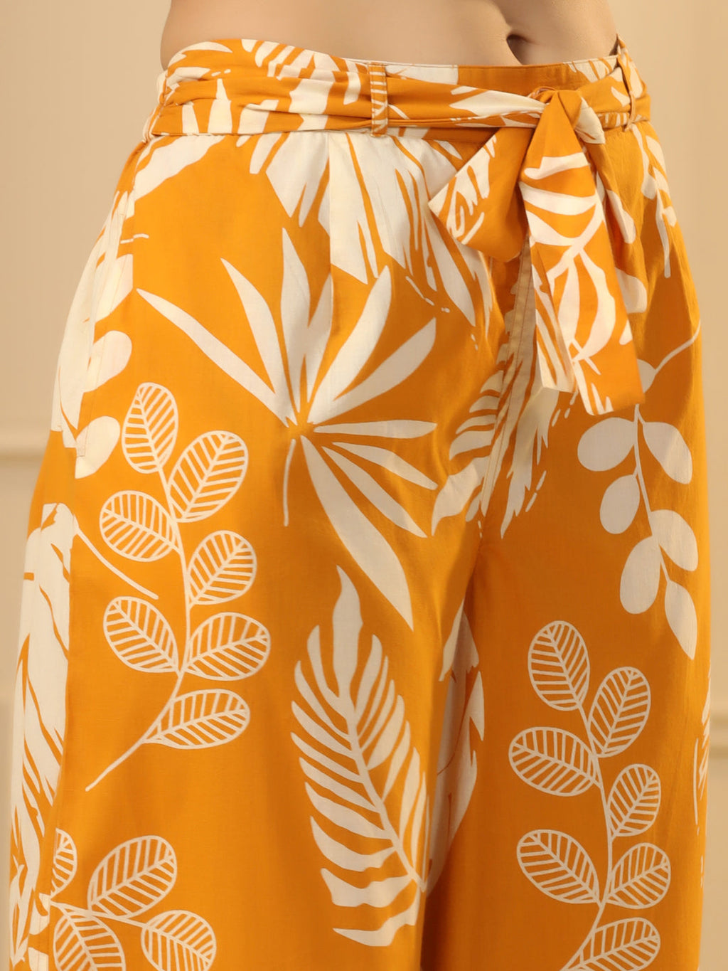 Mustard Yellow & White Floral Printed Flared Cotton Palazzos - SanskrutiHomes 