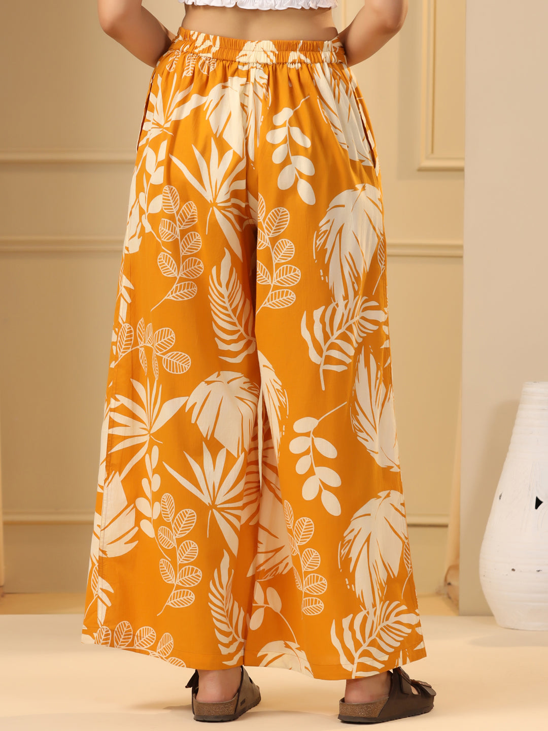 Mustard Yellow & White Floral Printed Flared Cotton Palazzos - SanskrutiHomes 
