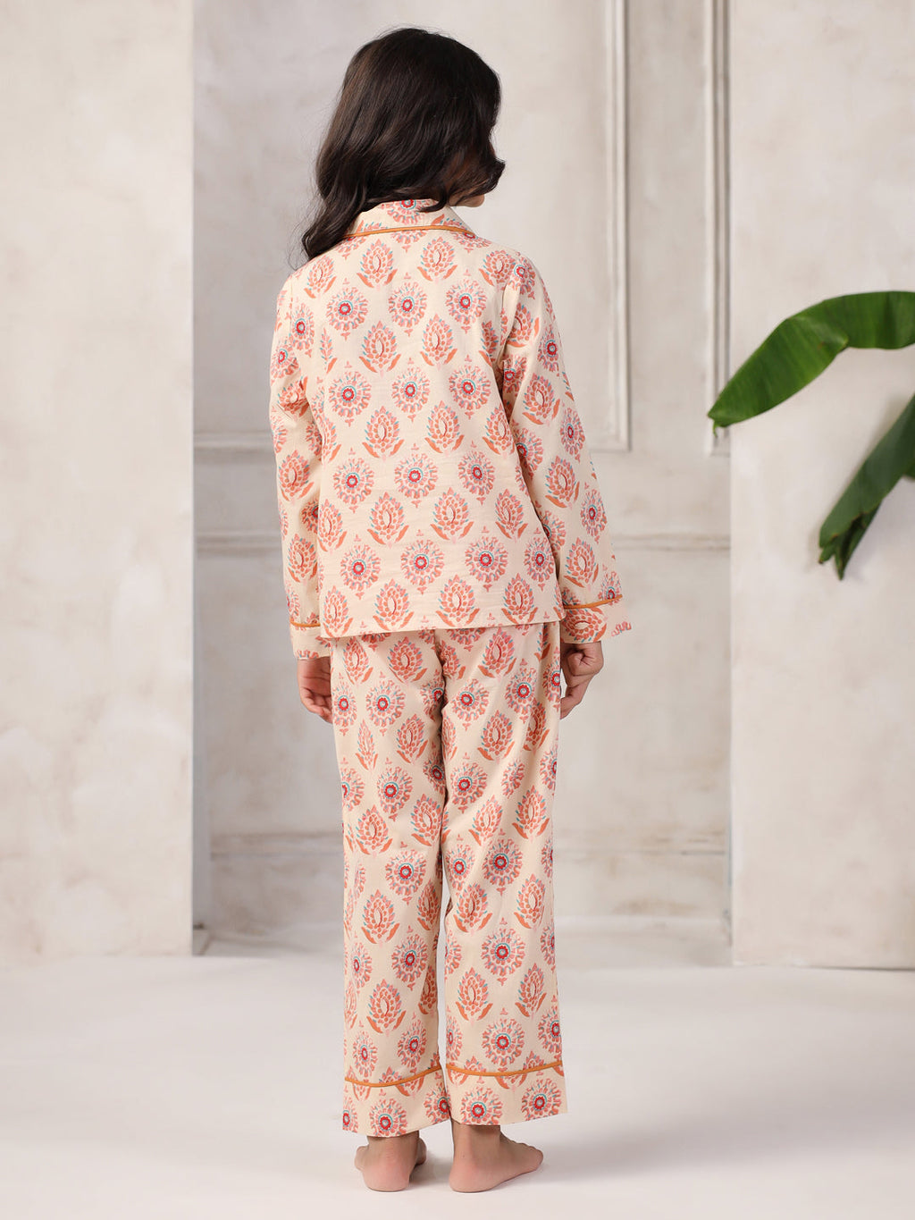 Pink Flower Printed Cotton Night Suit Set for Kids - SanskrutiHomes 