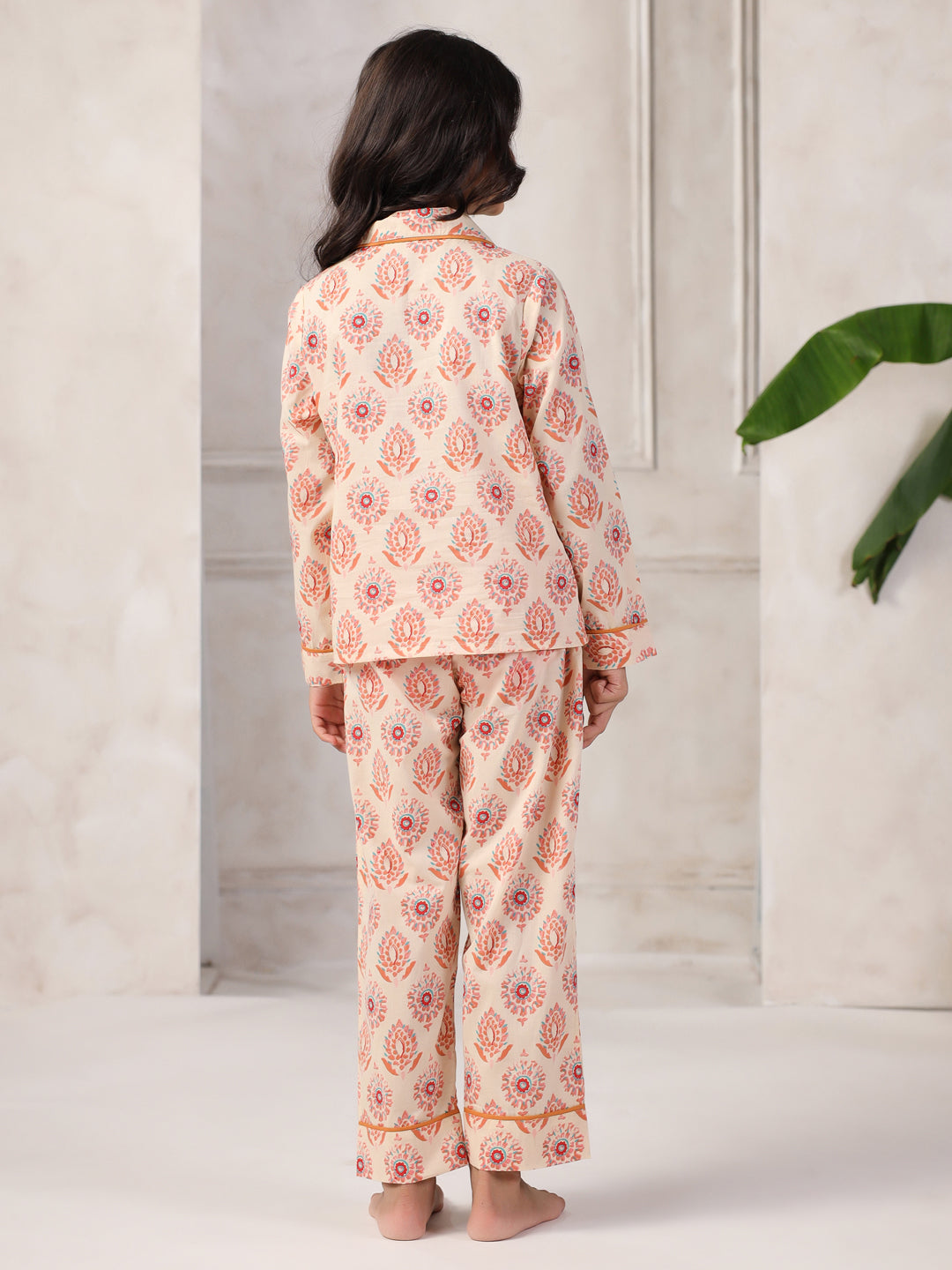 Pink Flower Printed Cotton Night Suit Set for Kids - SanskrutiHomes 