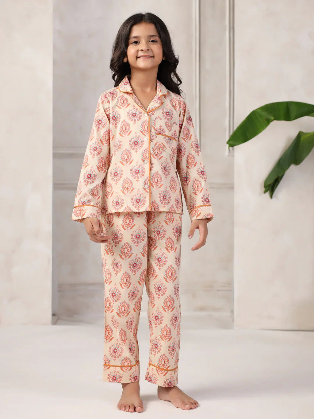 Pink Flower Printed Cotton Night Suit Set for Kids - SanskrutiHomes 