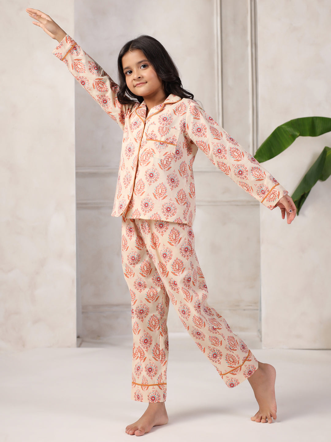 Pink Flower Printed Cotton Night Suit Set for Kids - SanskrutiHomes 