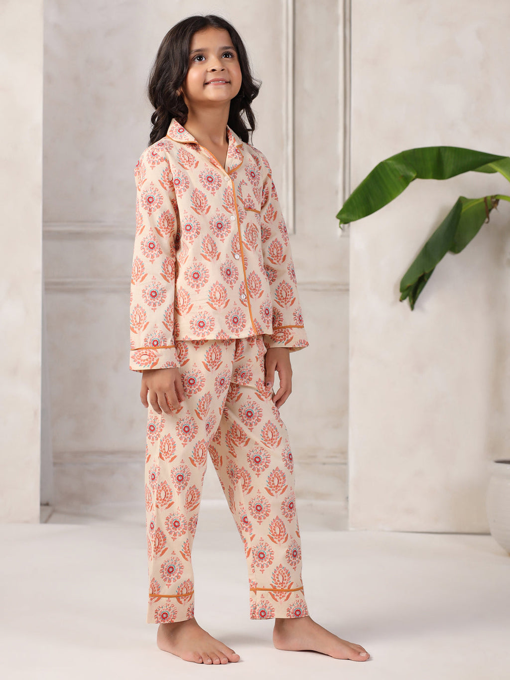 Pink Flower Printed Cotton Night Suit Set for Kids - SanskrutiHomes 