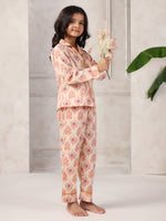 Pink Flower Printed Cotton Night Suit Set for Kids - SanskrutiHomes 