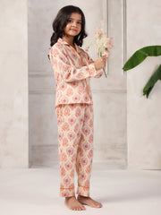Pink Flower Printed Cotton Night Suit Set for Kids - SanskrutiHomes 