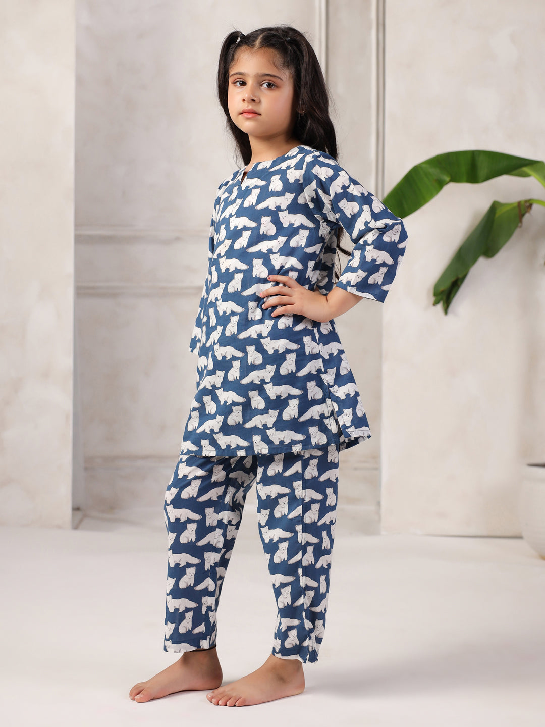 Blue Cotton Round Neck Night Suit for Kids - SanskrutiHomes 