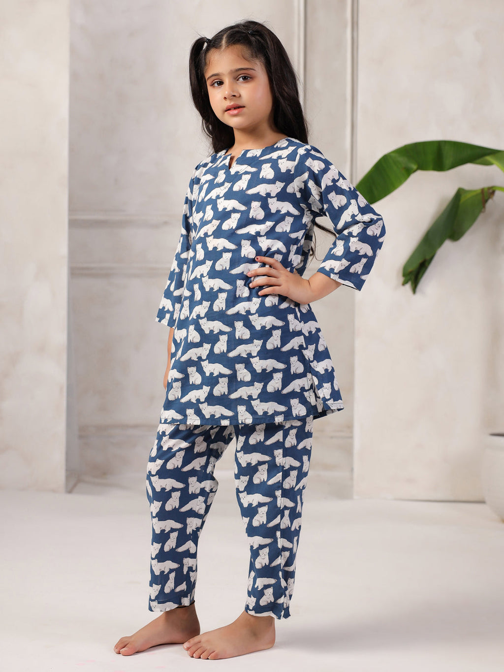 Blue Cotton Round Neck Night Suit for Kids - SanskrutiHomes 