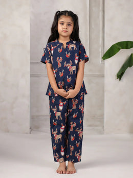 Blue Printed Cotton Night Suit for Kids - SanskrutiHomes 