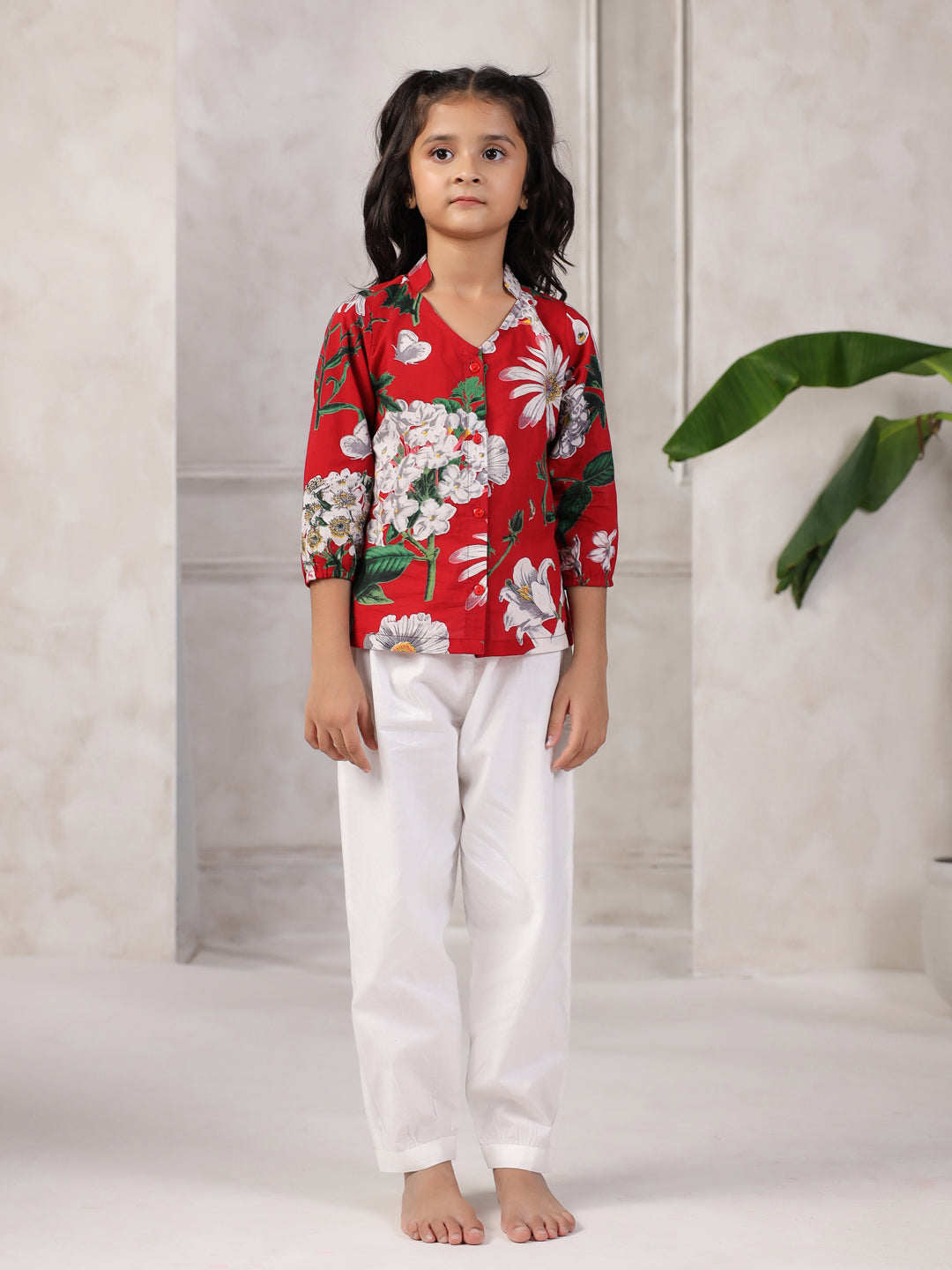 Red Printed Cotton Night Suit Set For Kids
