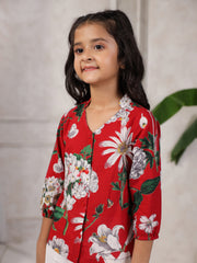 Red Printed Cotton Night Suit Set For Kids