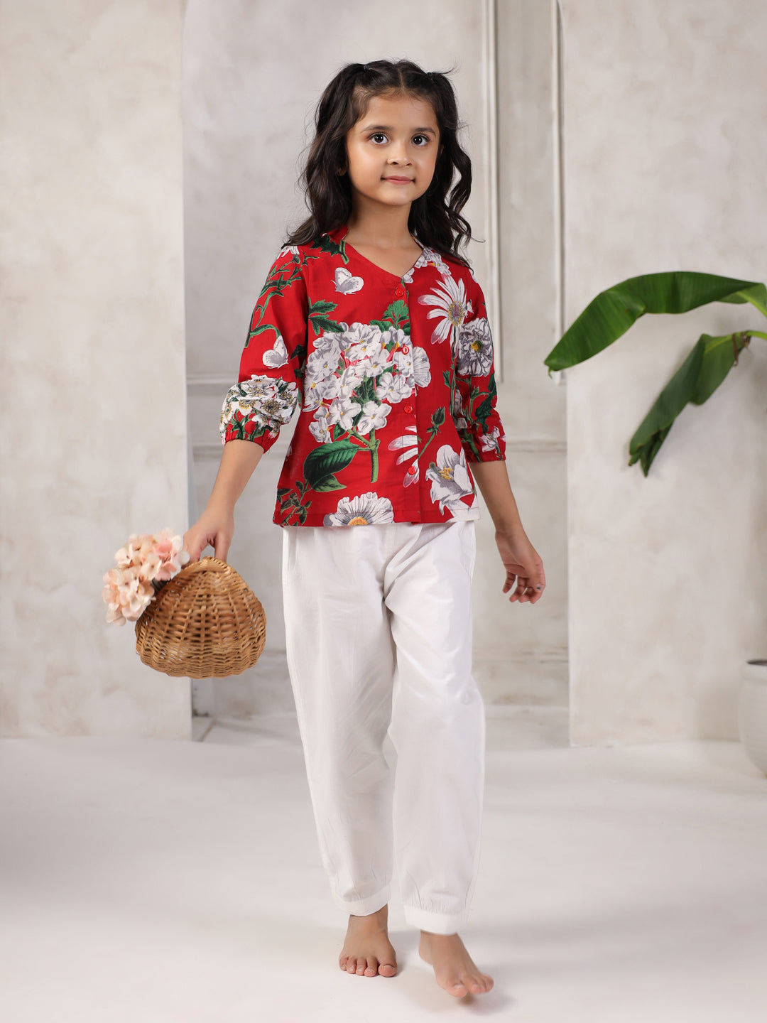 Red Printed Cotton Night Suit Set for Kids - SanskrutiHomes 