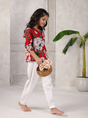 Red Printed Cotton Night Suit Set For Kids