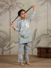 Blue Floral Printed Cotton Night Suit for Kids - SanskrutiHomes 