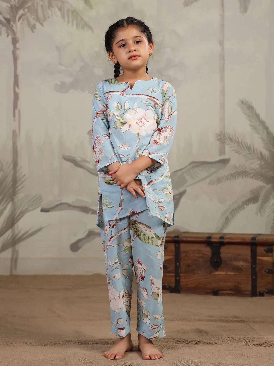 Blue Floral Printed Cotton Night Suit for Kids - SanskrutiHomes 