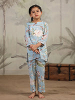 Blue Floral Printed Cotton Night Suit for Kids - SanskrutiHomes 