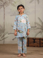 Blue Floral Printed Cotton Night Suit for Kids - SanskrutiHomes 