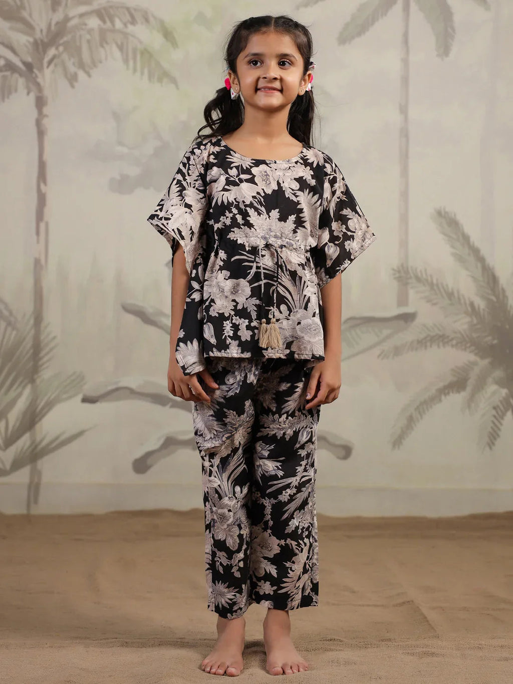 Floral Printed Cotton Kaftan Night Suit for Kids - SanskrutiHomes 