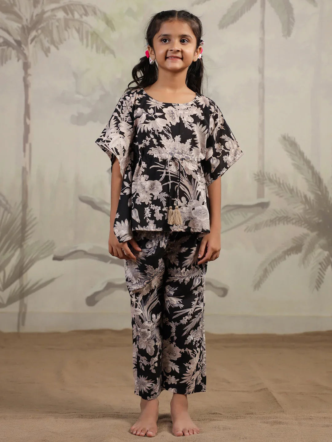 Floral Printed Cotton Kaftan Night Suit for Kids - SanskrutiHomes 