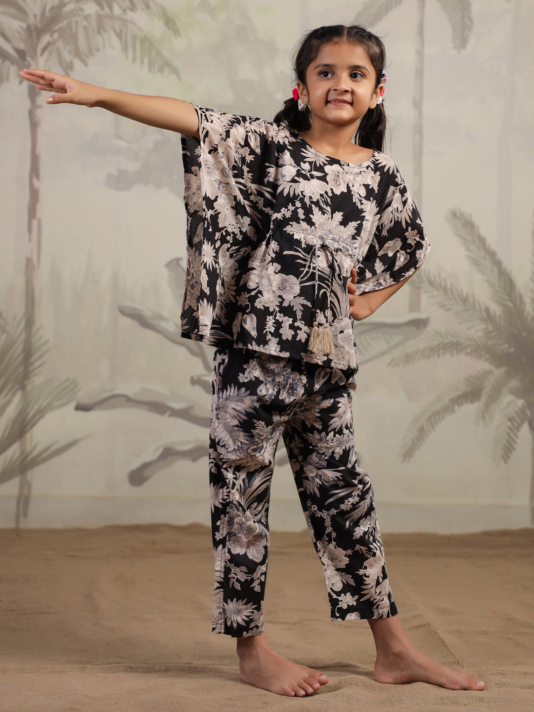 Floral Printed Cotton Kaftan Night Suit for Kids - SanskrutiHomes 