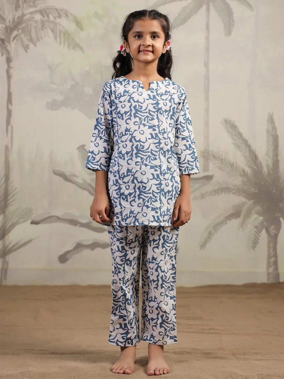 Blue Flower Printed Night Suit for Kids - SanskrutiHomes 