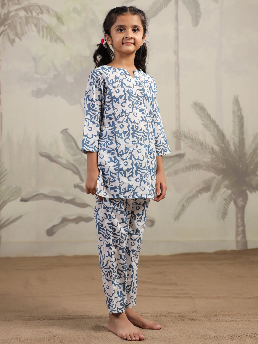 Blue Flower Printed Night Suit for Kids - SanskrutiHomes 