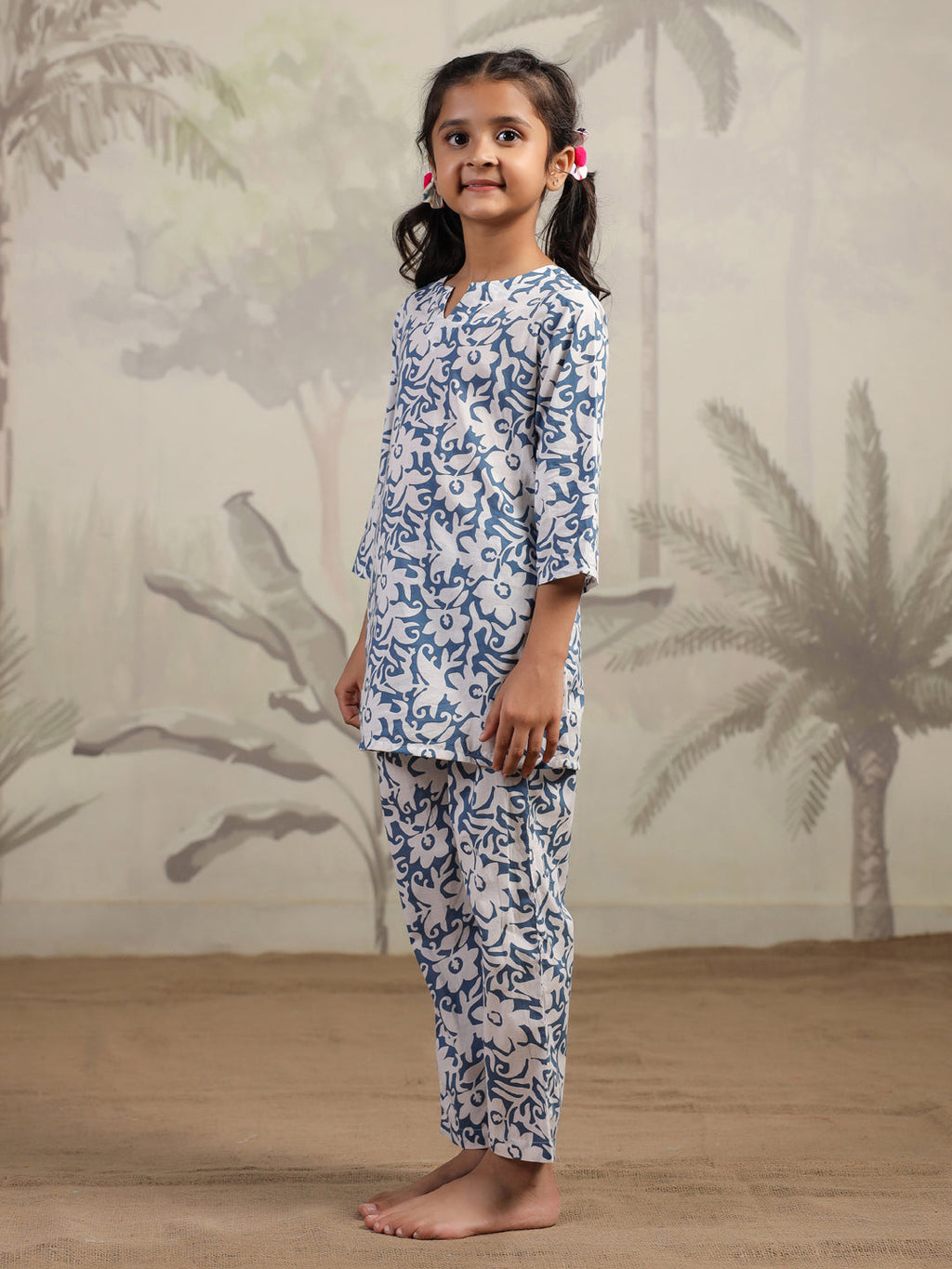 Blue Flower Printed Night Suit for Kids - SanskrutiHomes 