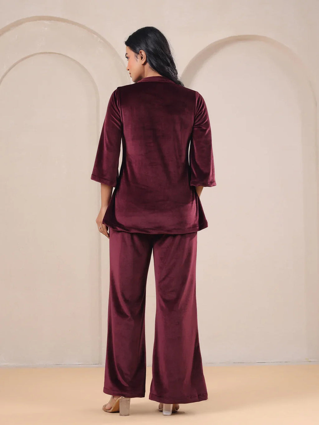Maroon Solid Velvet Night Suit - SanskrutiHomes 