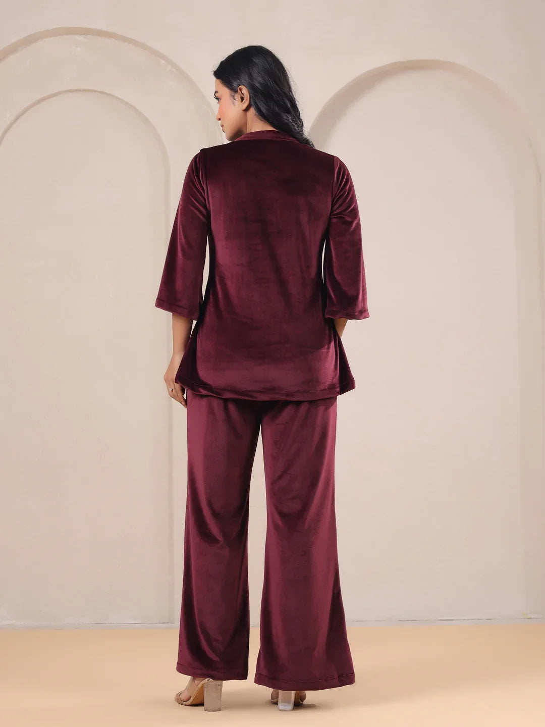 Maroon Solid Velvet Night Suit - SanskrutiHomes 