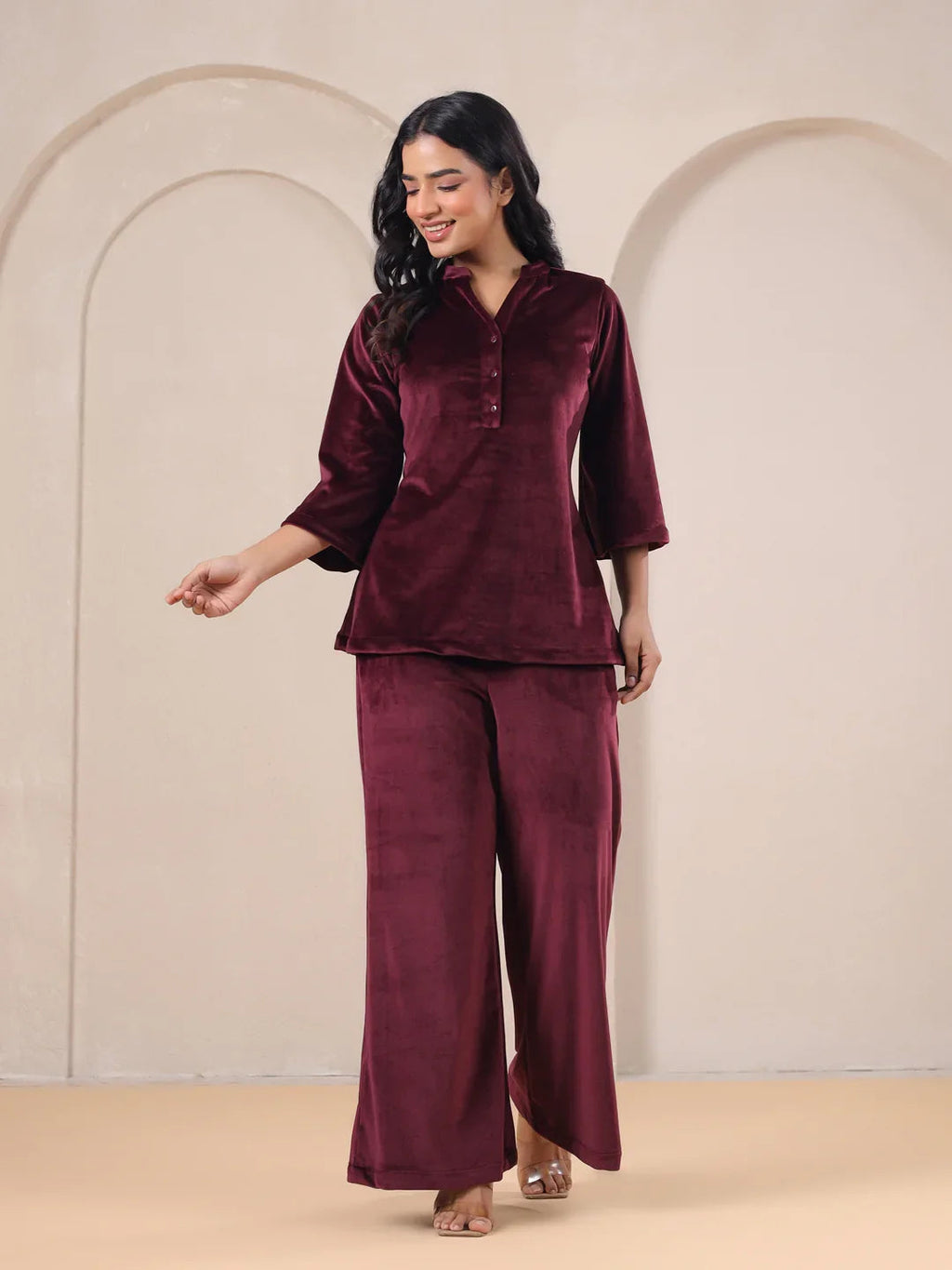 Maroon Solid Velvet Night Suit - SanskrutiHomes 