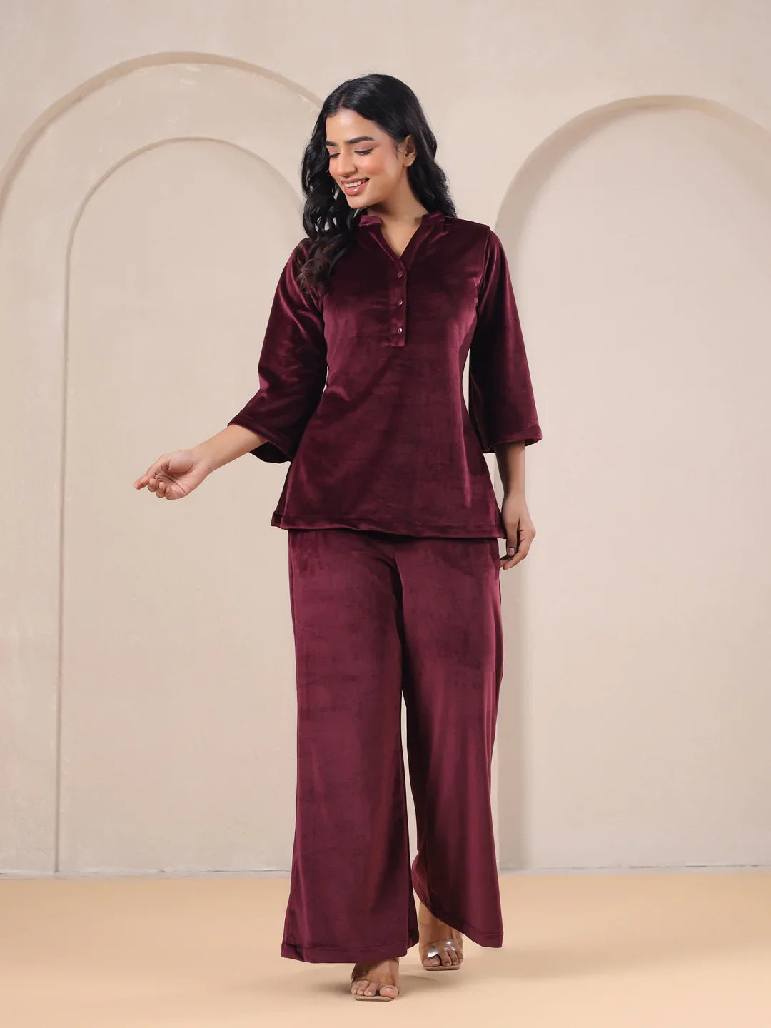 Maroon Solid Velvet Night Suit - SanskrutiHomes 