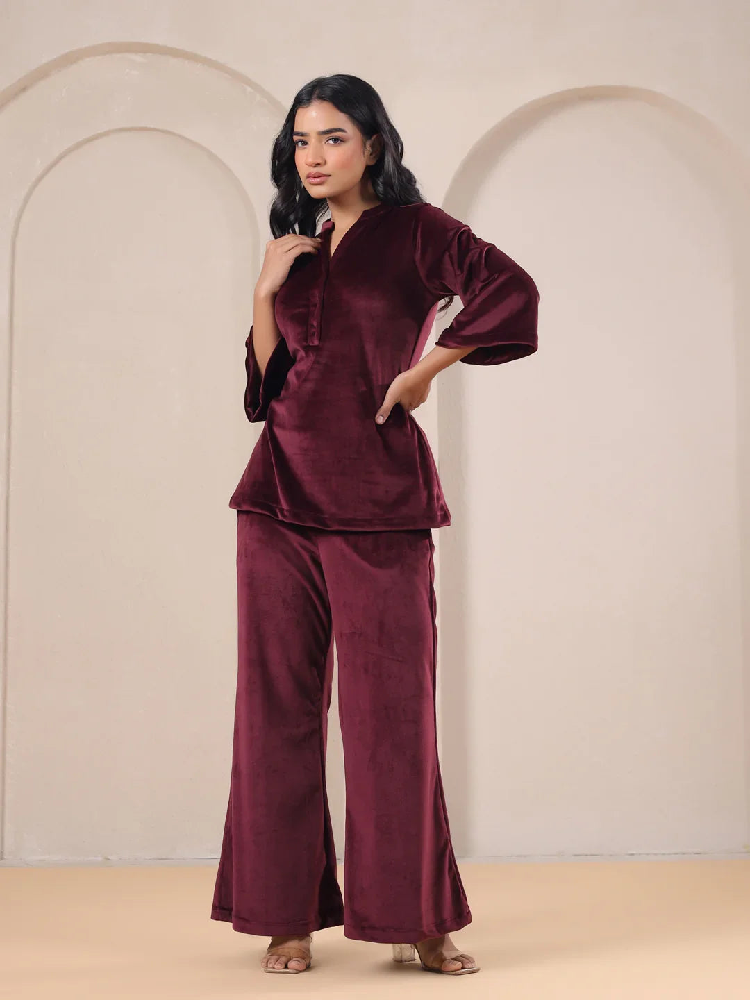 Maroon Solid Velvet Night Suit - SanskrutiHomes 