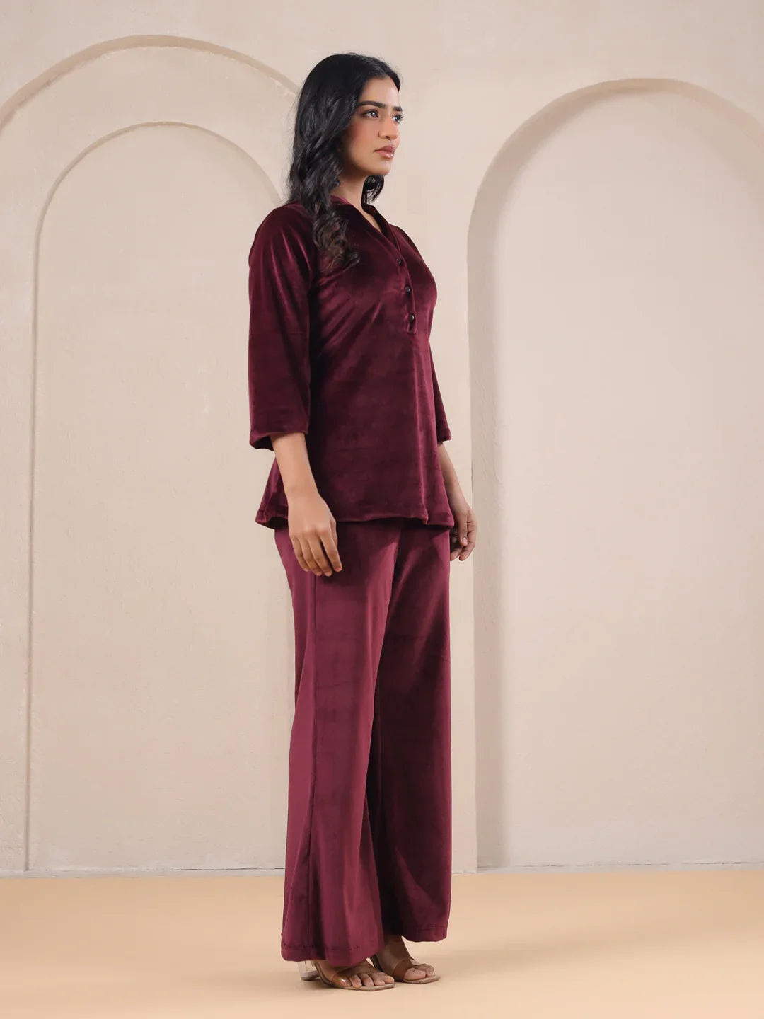 Maroon Solid Velvet Night Suit - SanskrutiHomes 