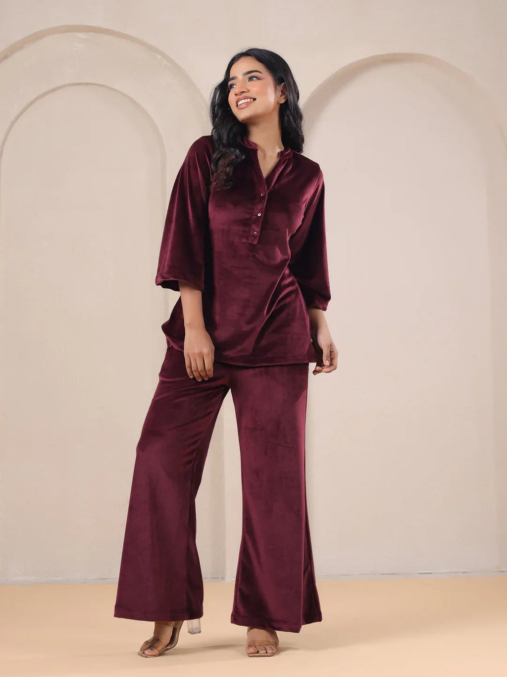 Maroon Solid Velvet Night Suit - SanskrutiHomes 