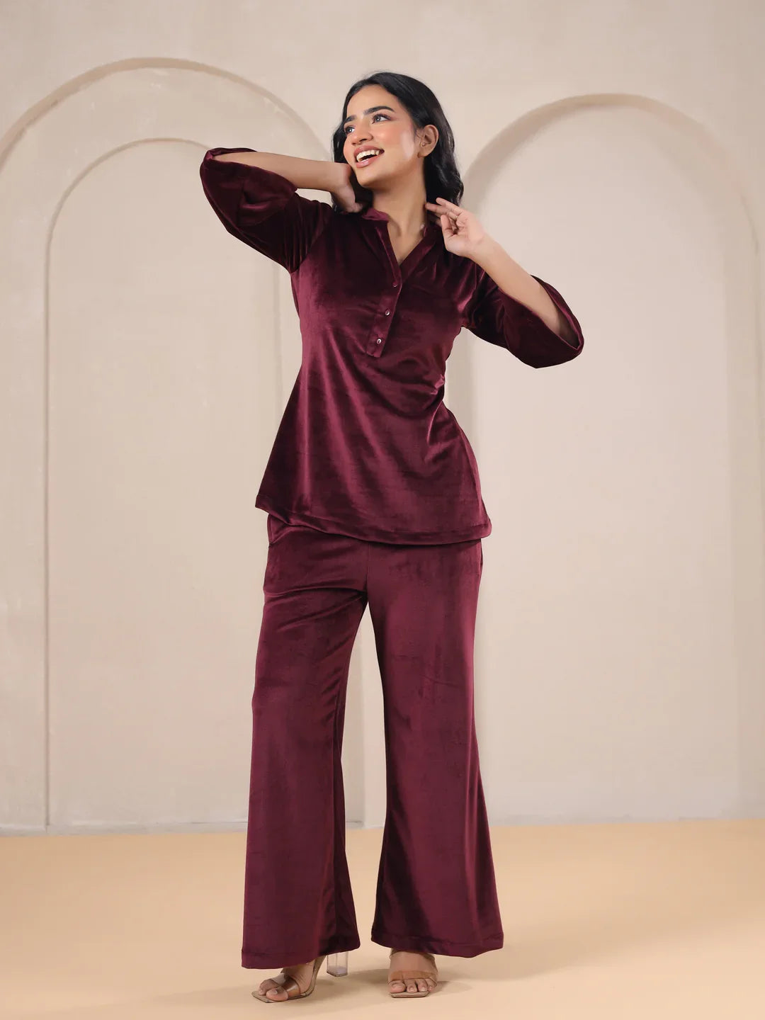 Maroon Solid Velvet Night Suit - SanskrutiHomes 