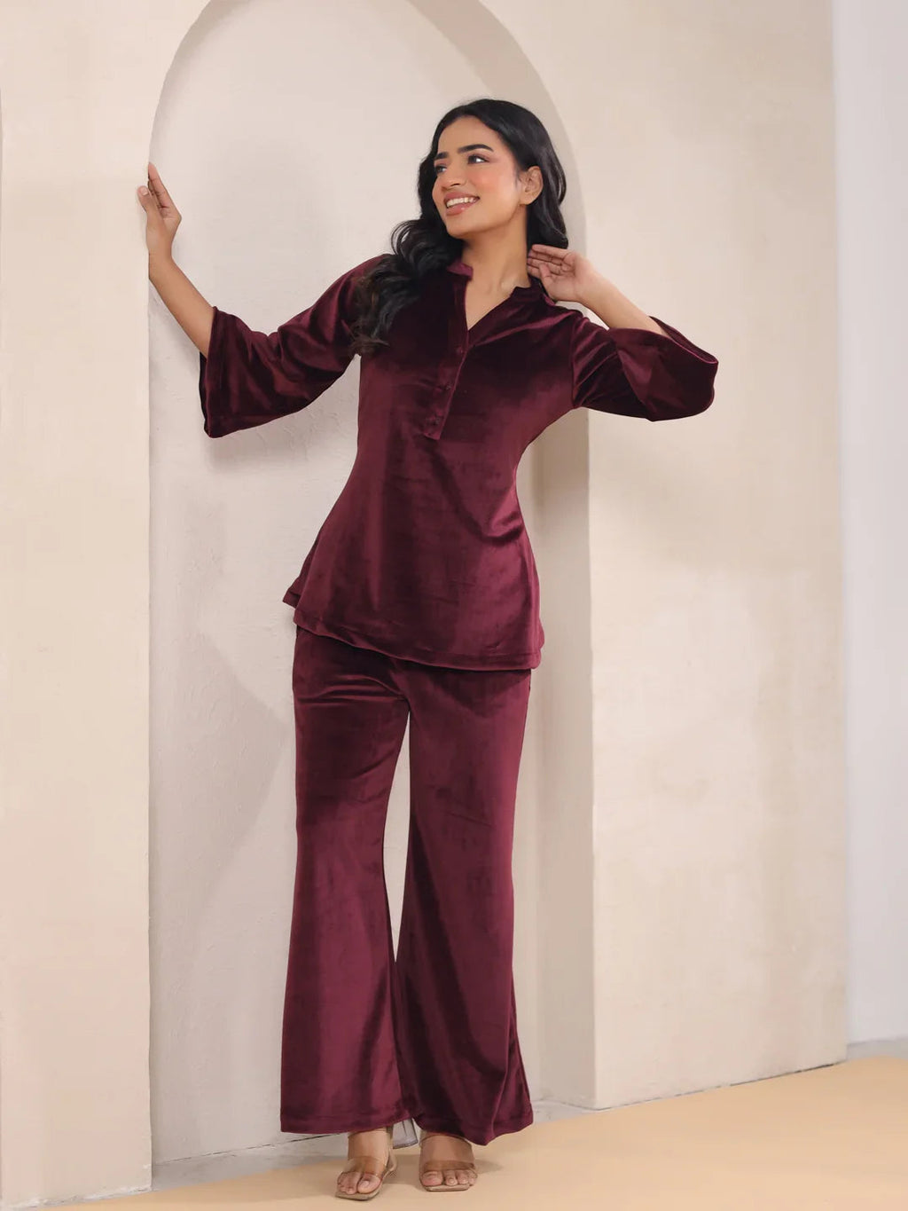 Maroon Solid Velvet Night Suit - SanskrutiHomes 
