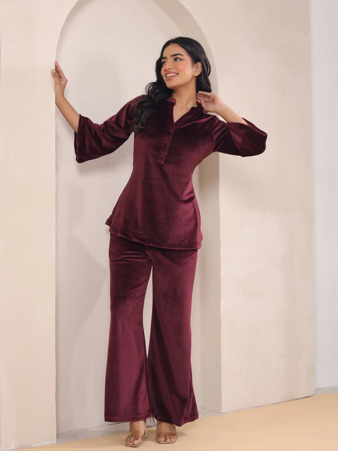 Maroon Solid Velvet Night Suit - SanskrutiHomes 