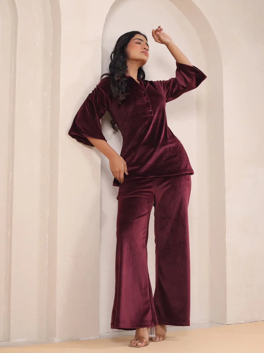 Maroon Solid Velvet Night Suit - SanskrutiHomes 