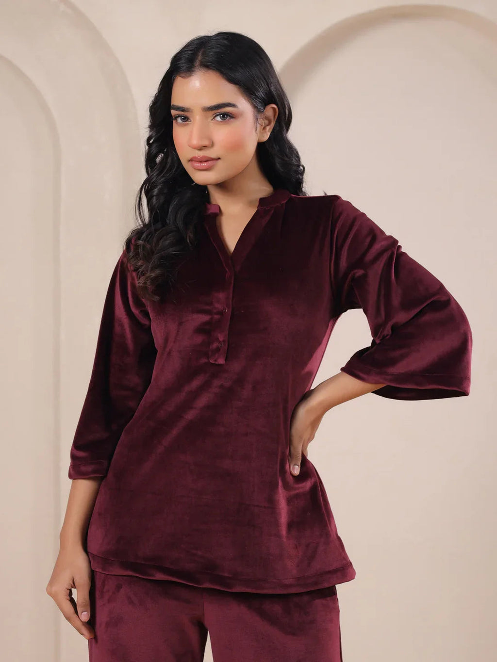 Maroon Solid Velvet Night Suit - SanskrutiHomes 
