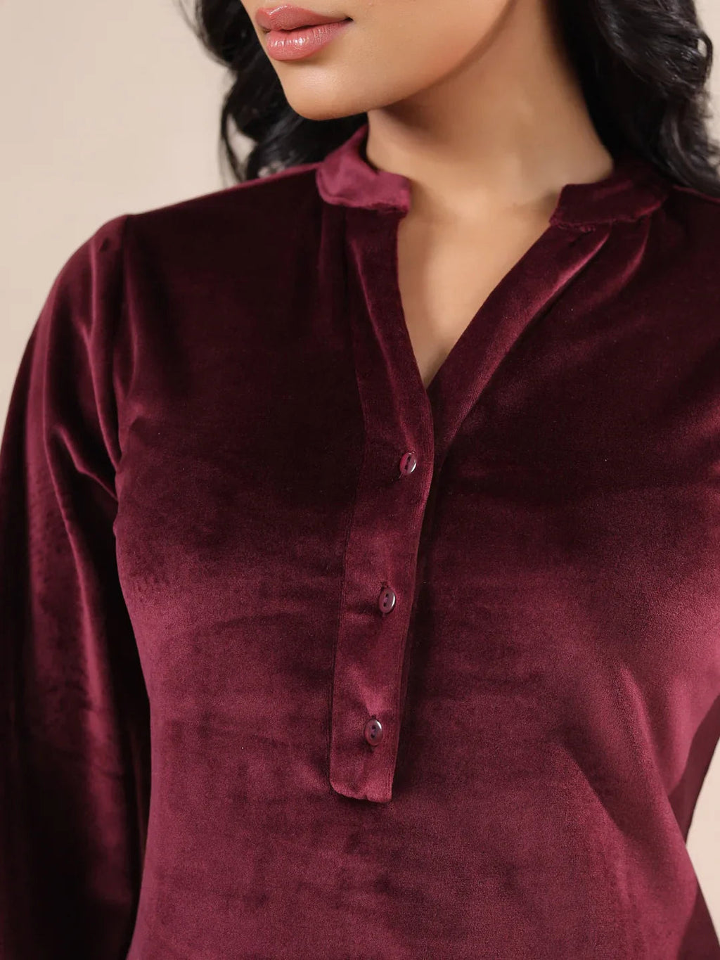 Maroon Solid Velvet Night Suit - SanskrutiHomes 