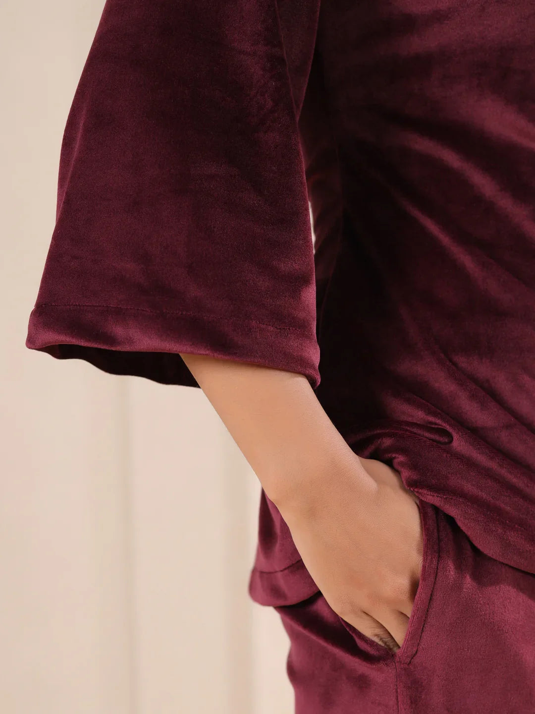 Maroon Solid Velvet Night Suit - SanskrutiHomes 