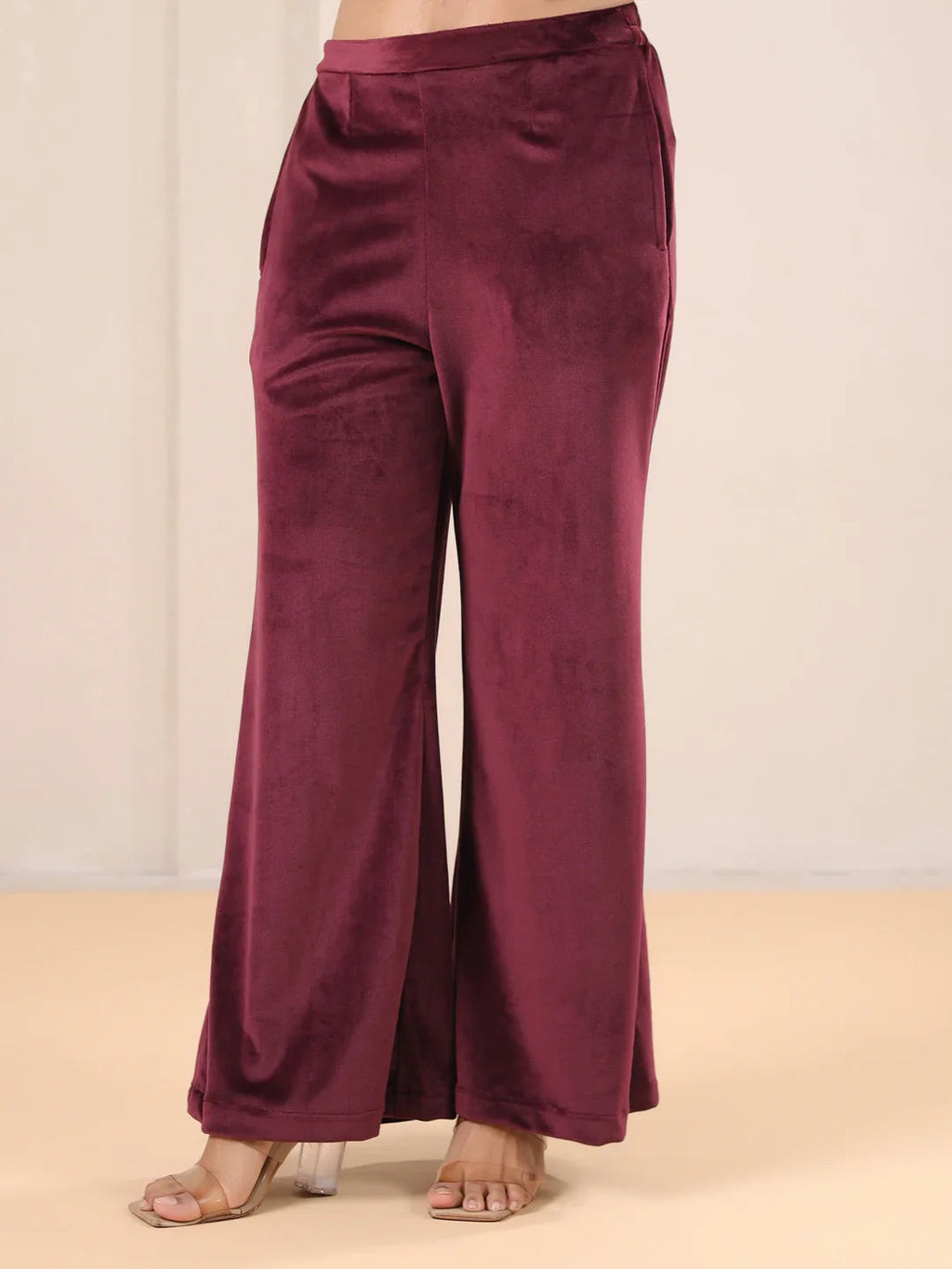 Maroon Solid Velvet Night Suit - SanskrutiHomes 