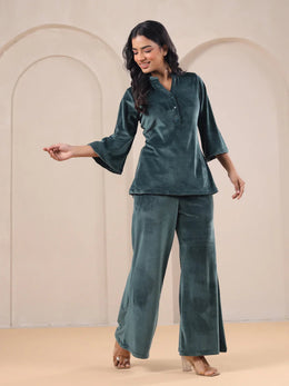 Olive Solid Velvet Night Suit Set - SanskrutiHomes 