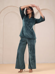 Olive Solid Velvet Night Suit Set - SanskrutiHomes 